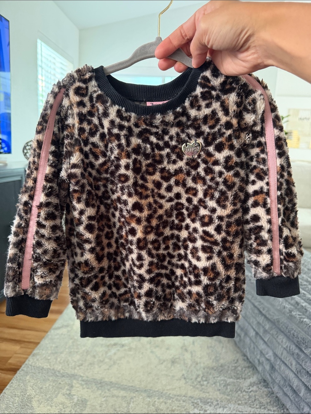 Juicy Couture Girls' Leopard Faux-Fur Sweatshirt with Pink Trim